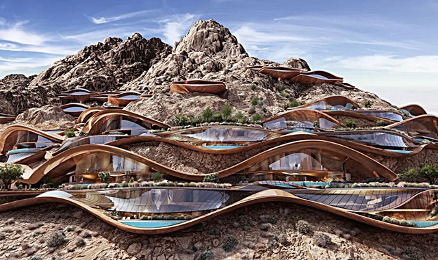Projeto de complexo de construções ao longo da encosta da montanha em Trojena, nas montanhas da Arábia Saudia - divulgacao